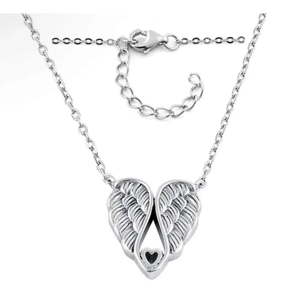 Sterling Silver Angel Wings Heart Necklace • 925 Guardian Wing Pendant